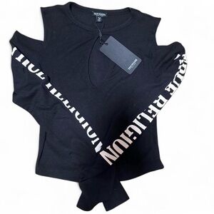 True Religion Black Long Sleeve Cold Shoulder Tee